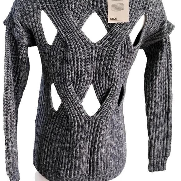 New ASOS Cut Out Back Detail Cable Knit Sweater Heathered Blue Size 0 - Picture 9 of 10